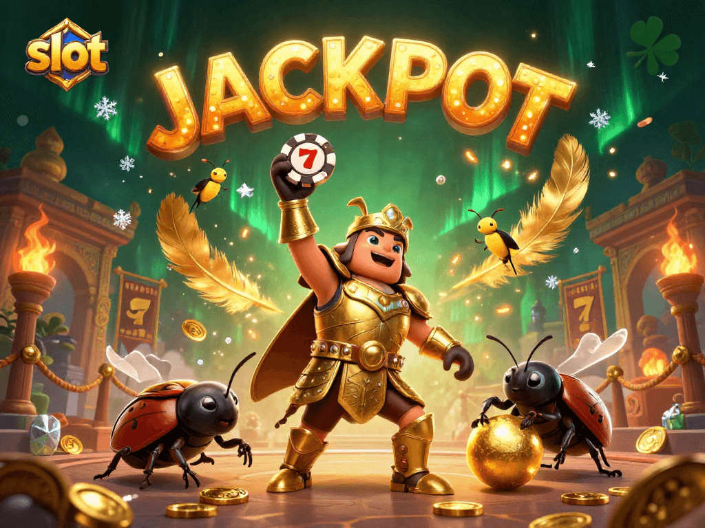 Experience thrilling slot wins with a vibrant 3D illustration featuring beetles, jackpots, and casino elements.
