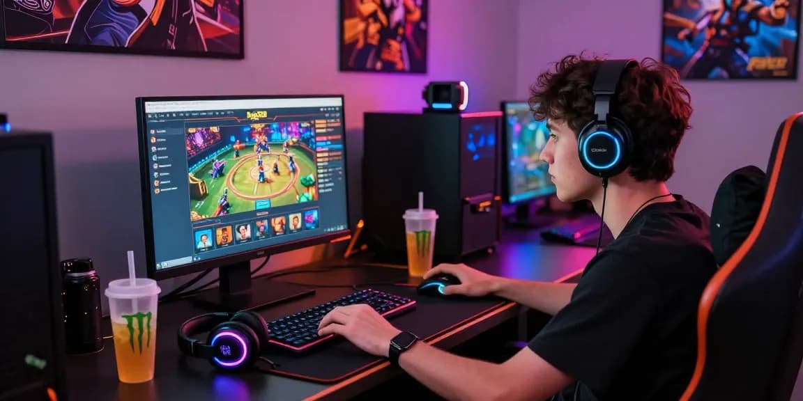 Player engaged on raja328 situs gaming platform illuminated by LED lights.