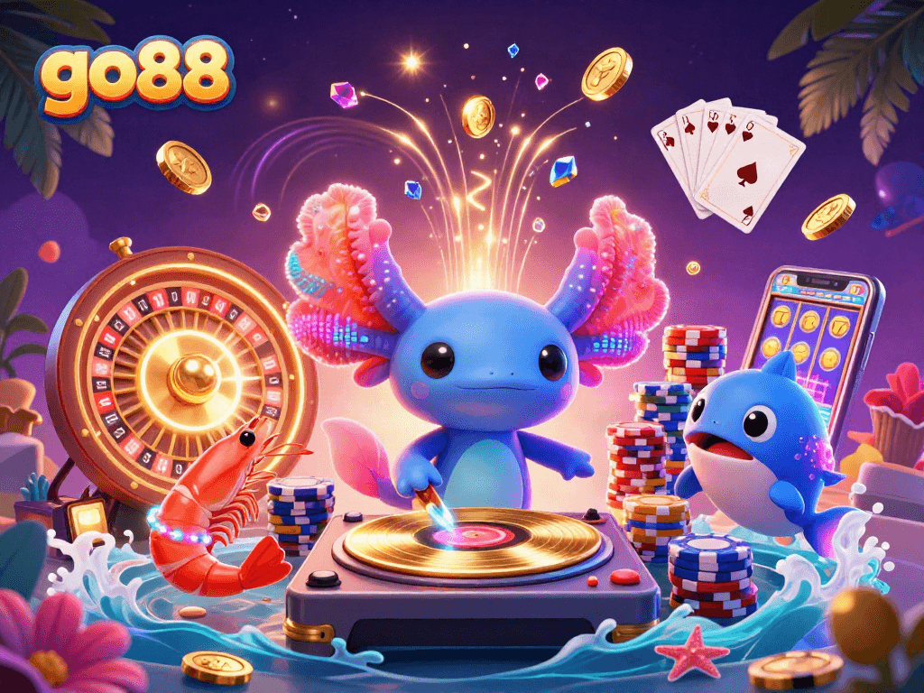 Join the fun at go88 with a vibrant casino scene featuring an axolotl DJ and lively animations.
