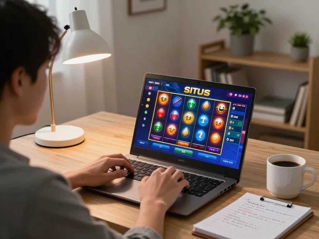 Playing a situs slot game on a laptop in a cozy home setup with notes on betting strategies.