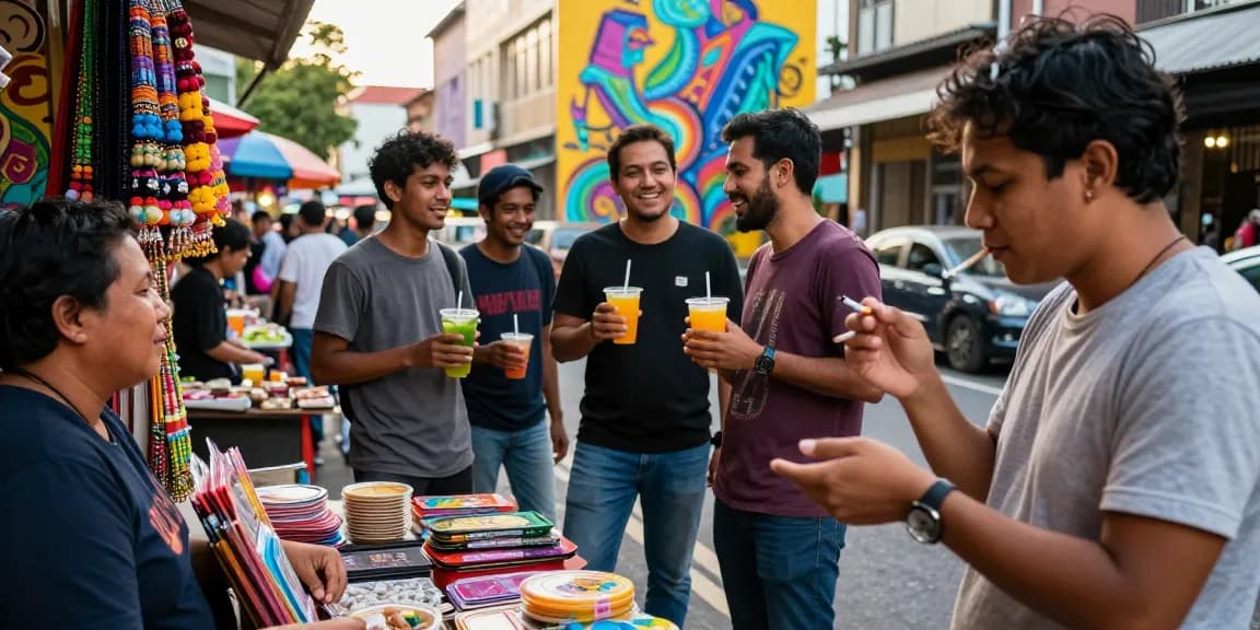 Engaging street market scene with a person smoking rokok 88 amidst vibrant cultural activities.