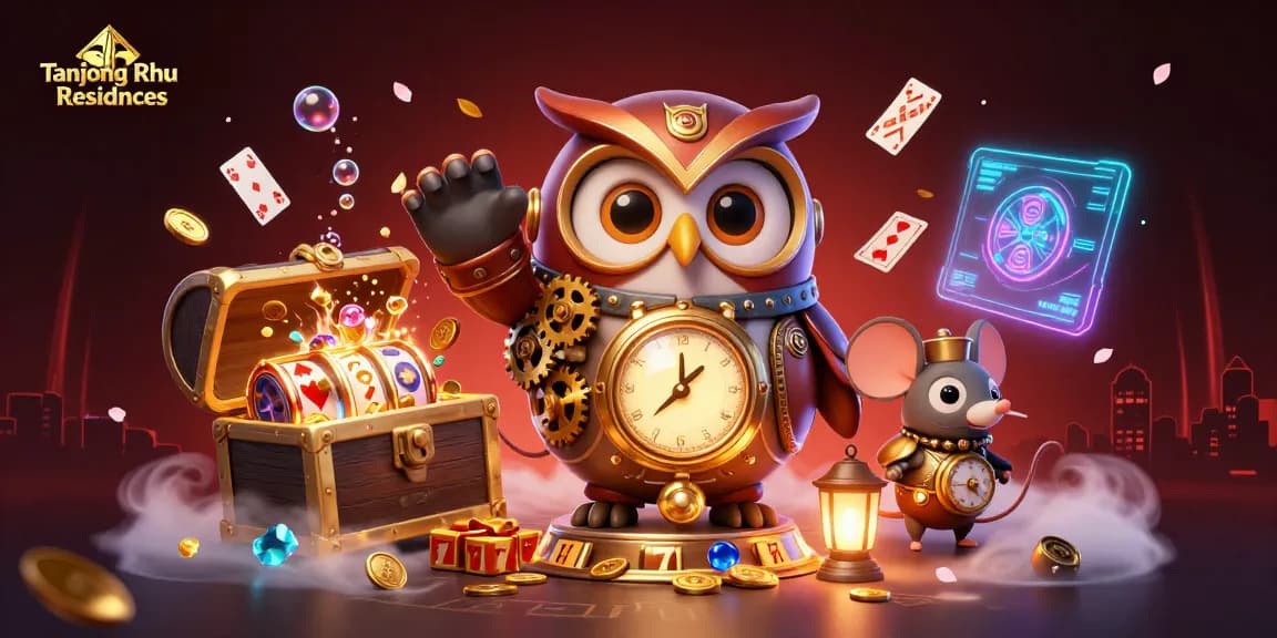 Tanjong Rhu Residences showcasing a time-traveler owl in a vibrant casino scene with shimmering gold and dynamic gaming elements.