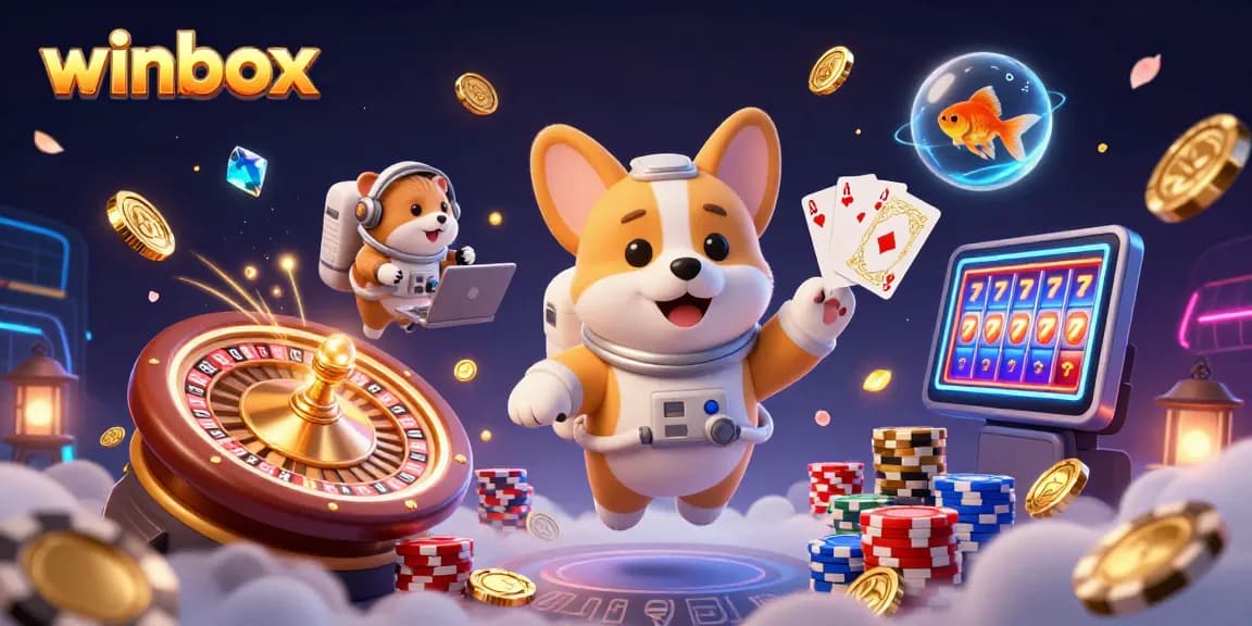 Winbox offers exciting gaming action with a playful astronaut corgi in a vibrant casino setting.