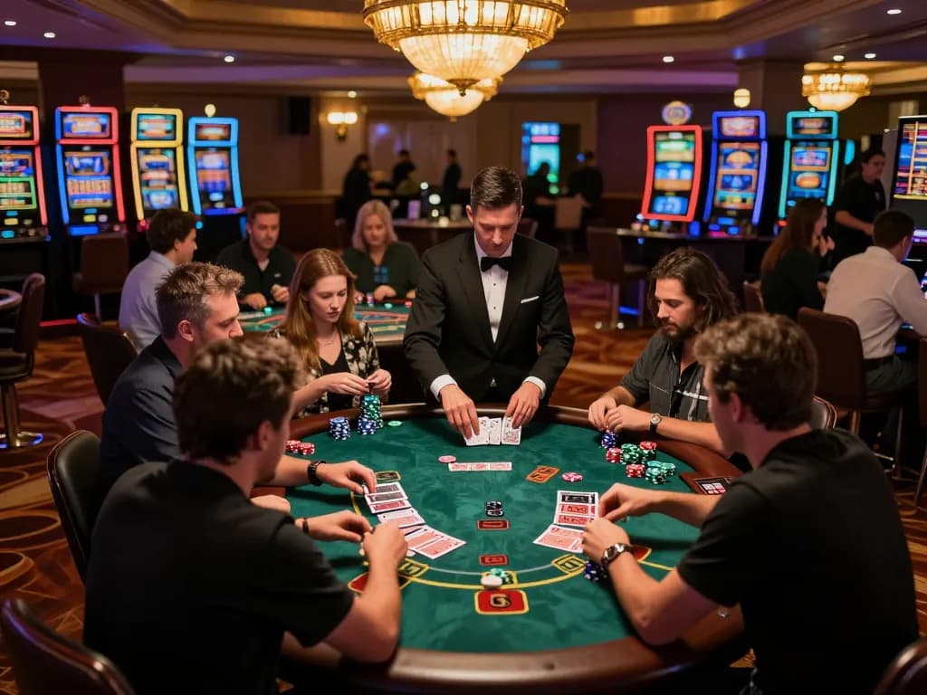 Players engaging at a blackjack table in a lively casino, highlighting the excitement of nano banana 3 gambling experience.