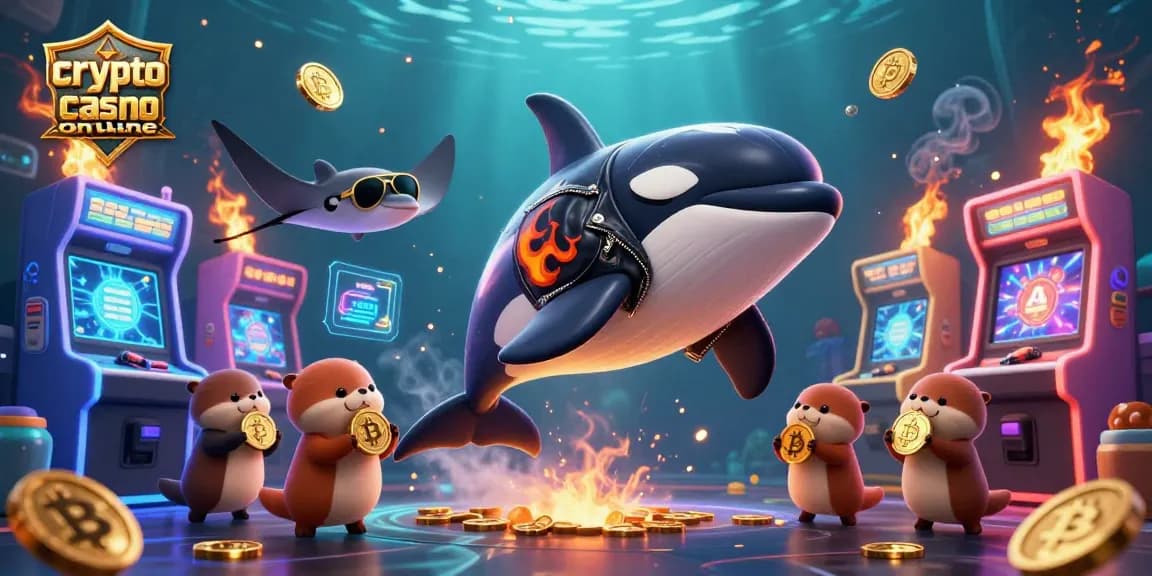 Scopri il mondo dei crypto casino online con l'orca biker e altri personaggi su uno sfondo accattivante.