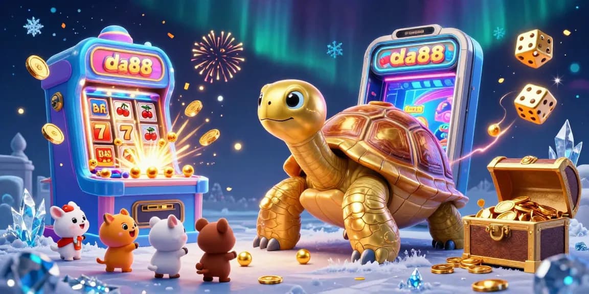 Experience the thrill of da88 gaming with a vibrant casino scene showcasing a golden tortoise pinball machine and slot explosion.