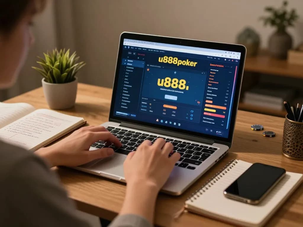 Play poker on u888poker with a laptop displaying online interface and strategies nearby.