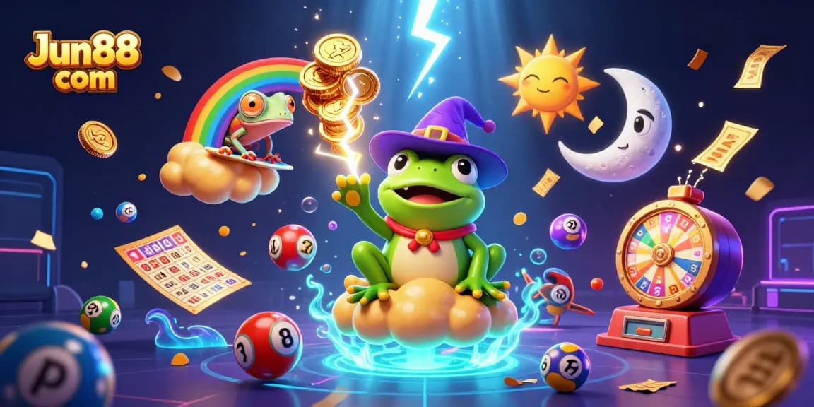 Win big with Jun88 com in this vibrant gaming illustration featuring immersive colors and dynamic casino elements.