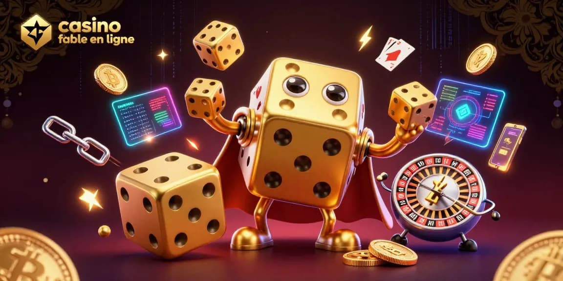 Jouez à des jeux innovants sur un casino fiable en ligne avec une scène dynamique remplie de dés dorés et de crypto-monnaies.