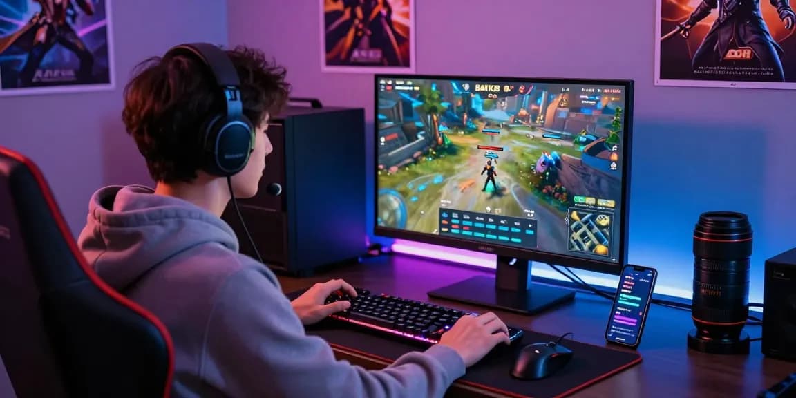 Gamer memainkan game di platform BATIK88 LOGIN dengan suasana yang dinamis dan aksesori gaming modern.