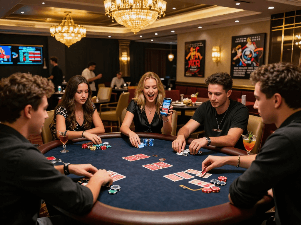 Exciting scene in credit card casinos with friends gathered at a poker table, showcasing an upscale gaming atmosphere.
