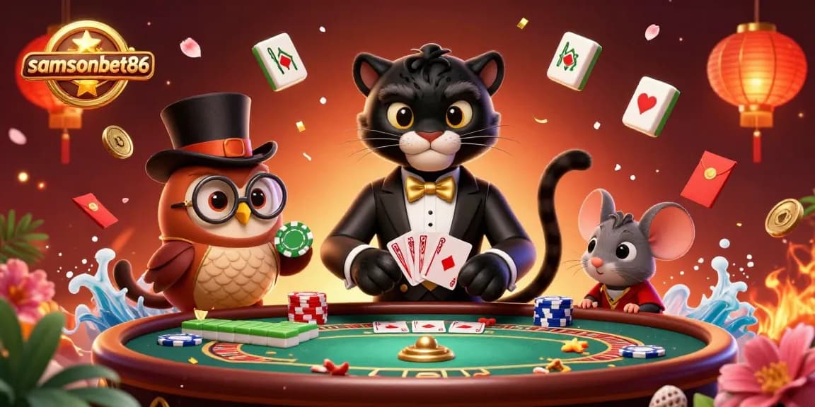 Engage with samsonbet86's dynamic casino experience featuring a stylish panther dealer and vibrant gaming elements.