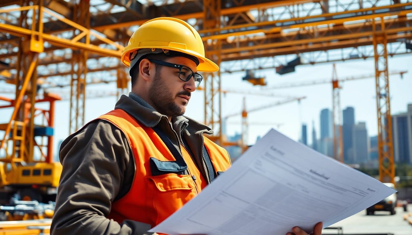 Construction career professional reviewing blueprints on an active job site.