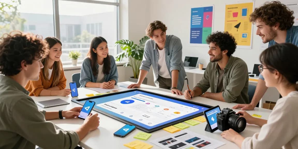 Collaborative app development team designing 纸飞机中文版 with tablets and design mockups in a vibrant studio.