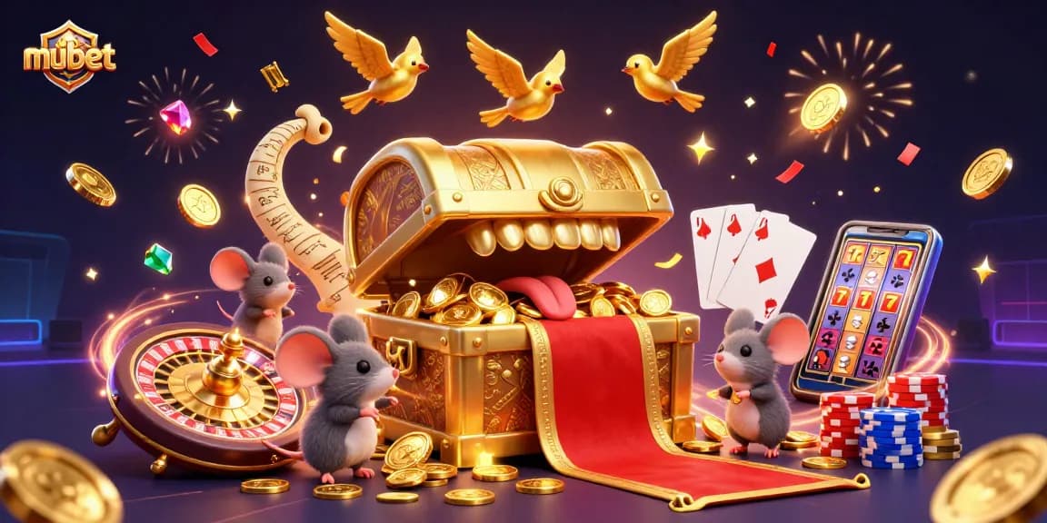 Spin the 3D roulette wheel and discover mubet's treasure chest amidst a rich casino scene.