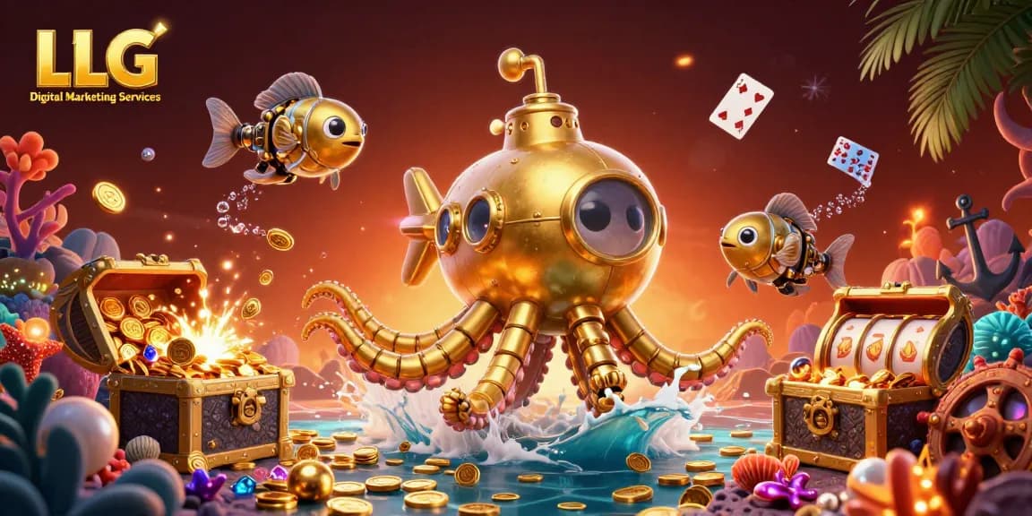 Engage with LLG Digital Marketing Services as an animated kraken submarine bursts through golden coins in a casino-themed adventure.