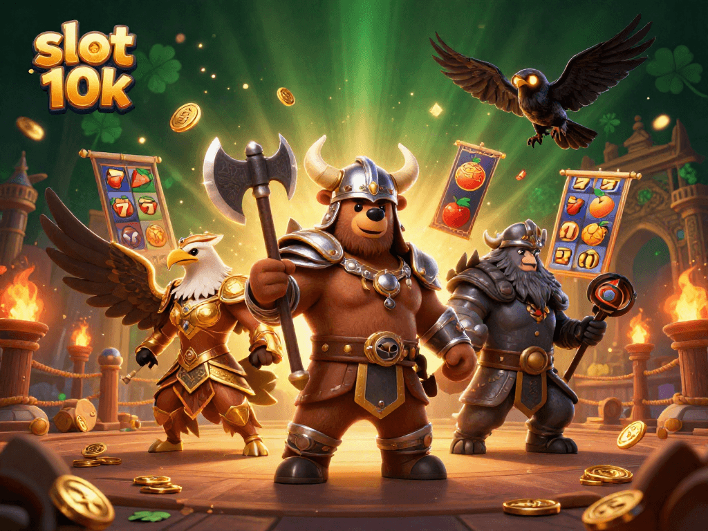Engage with the dynamic slot gacor 10k scene featuring Viking characters amidst vibrant casino elements.