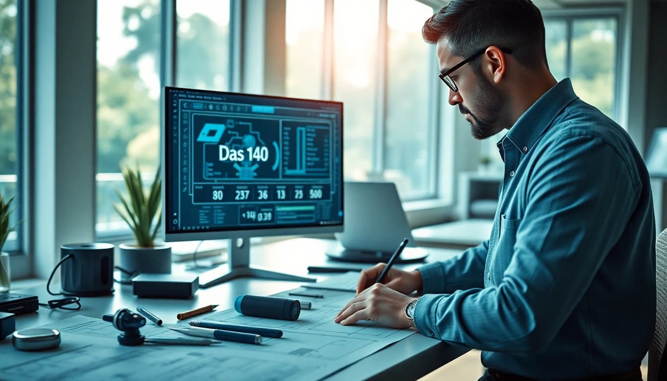Engineer analyzing das 140 specifications at a modern workspace with blueprints.