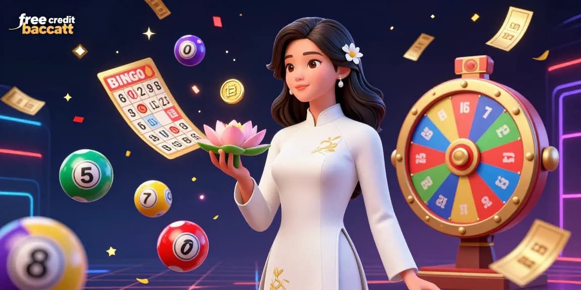 Experience exciting free credit baccarat with colorful elements and a serene Asian woman amidst a vibrant casino scene.