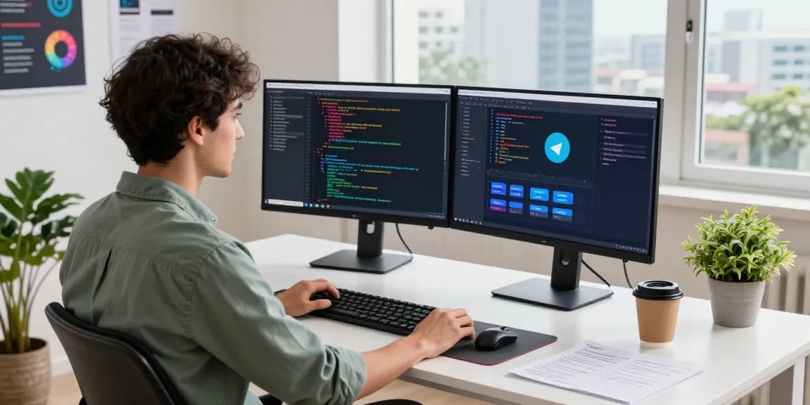 Professional workspace with dual monitors displaying telegram中文 settings, coding environment with plants and coffee.