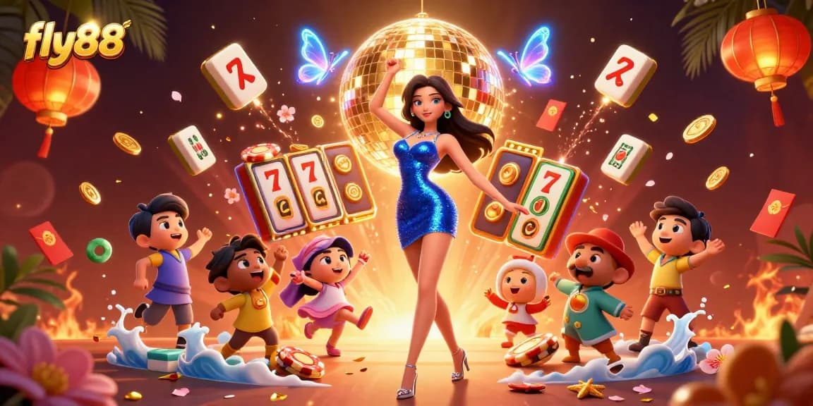 Experience the vibrant world of fly88 as players spin slots among dazzling lights and neon elements.