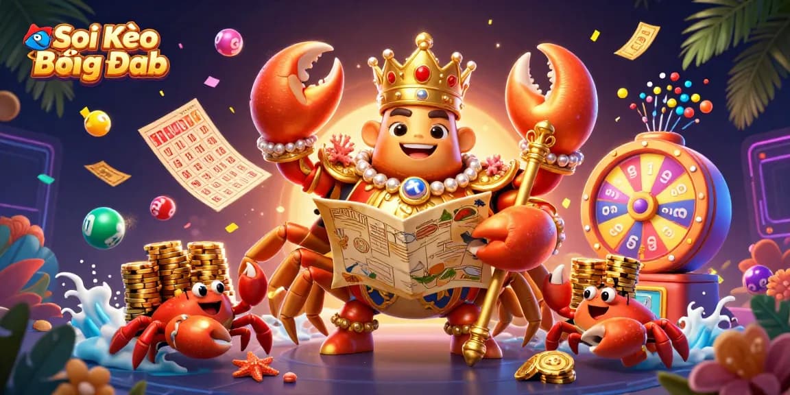 Soi Kèo Bóng Đá showcases a vibrant 3D scene of a golden crab emperor amid dynamic gambling elements