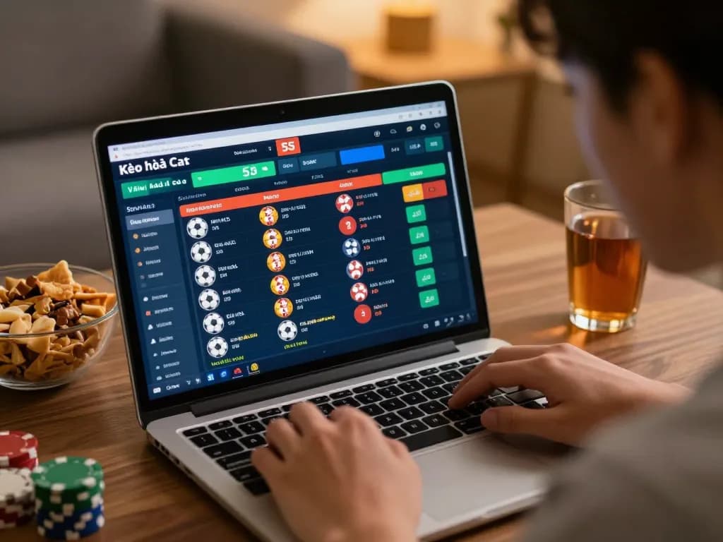 Kèo nhà cái 55 user analyzing live betting odds on a laptop at home.