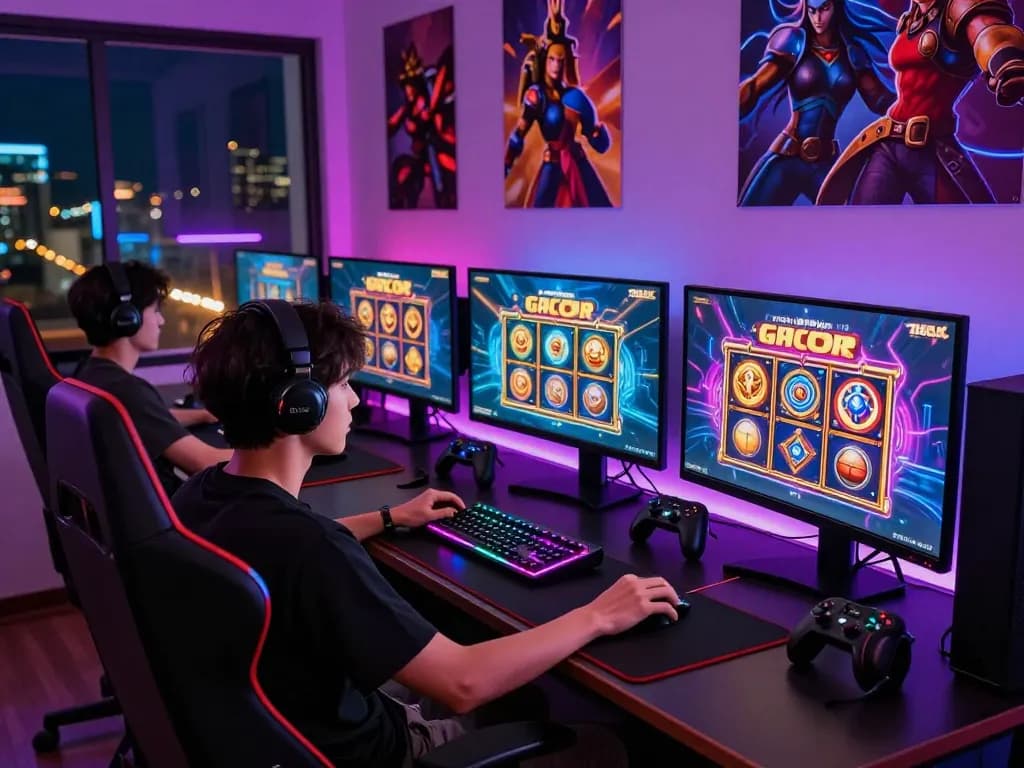 Exciting gaming setup showcasing slot gacor hari ini with vibrant LED lights and multiple monitors in a dynamic gaming atmosphere.