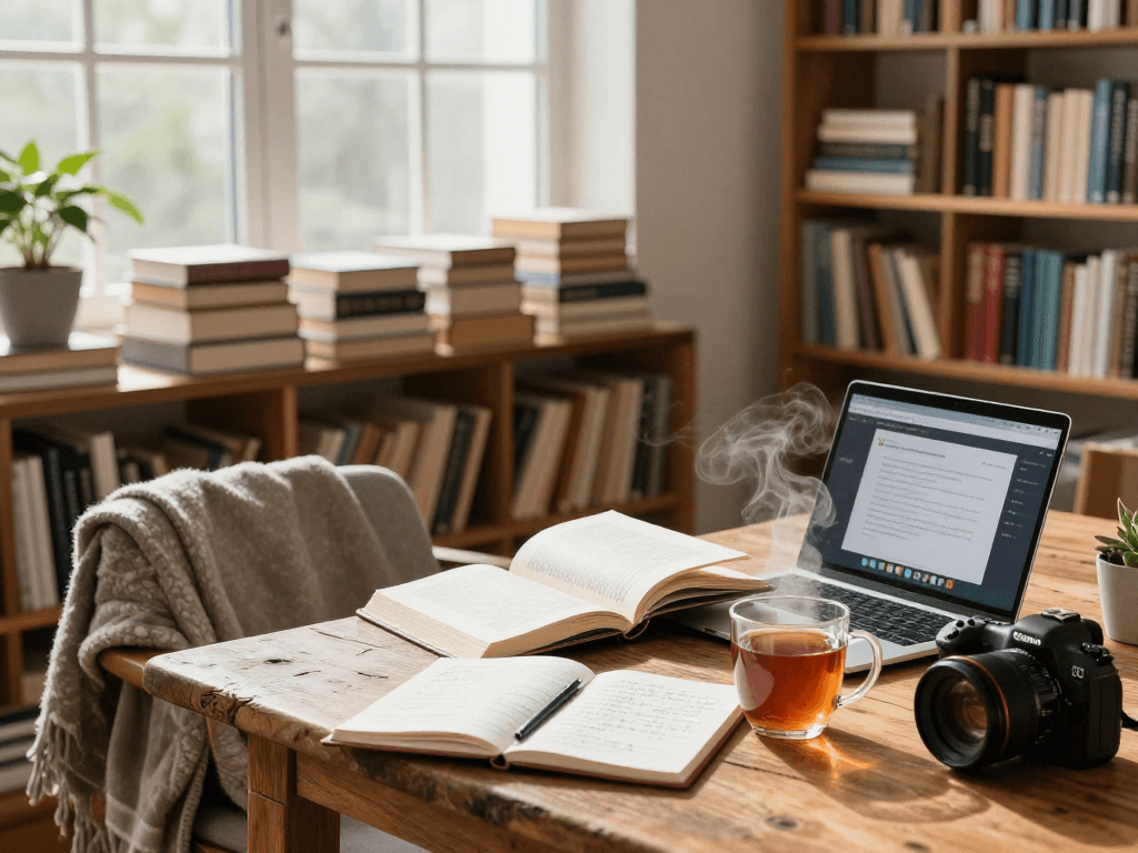Explore knowledge with https://selfeducatedamerican.com in a cozy library setting highlighting books and study materials.
