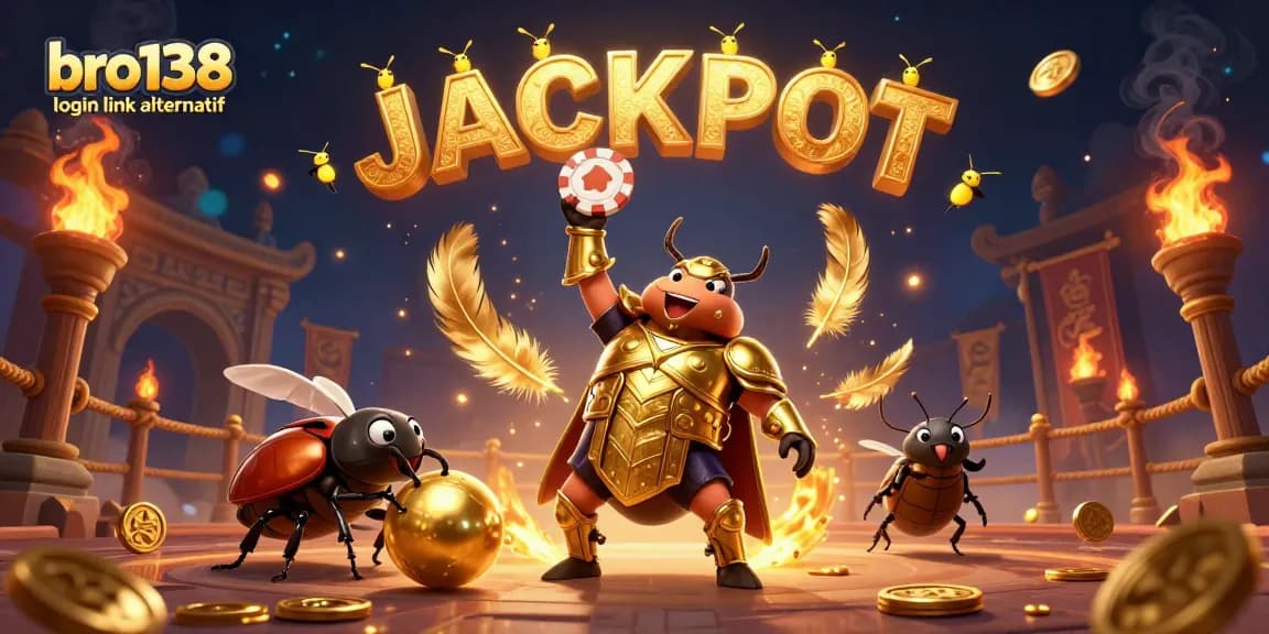 Celebrate with the bro138 login link alternatif as a victorious beetle lifts a poker chip amidst a luminous casino scene.