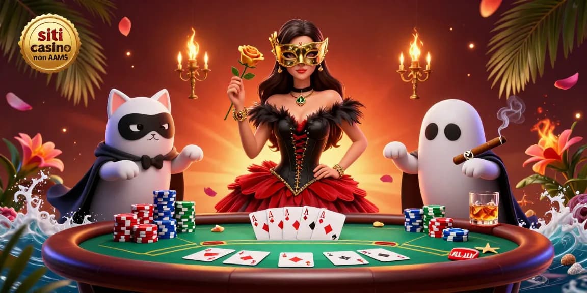 siti casino non AAMS scena di poker vibrante e dinamica con una donna in abito da ballo 3D circondata da elementi di casinò.
