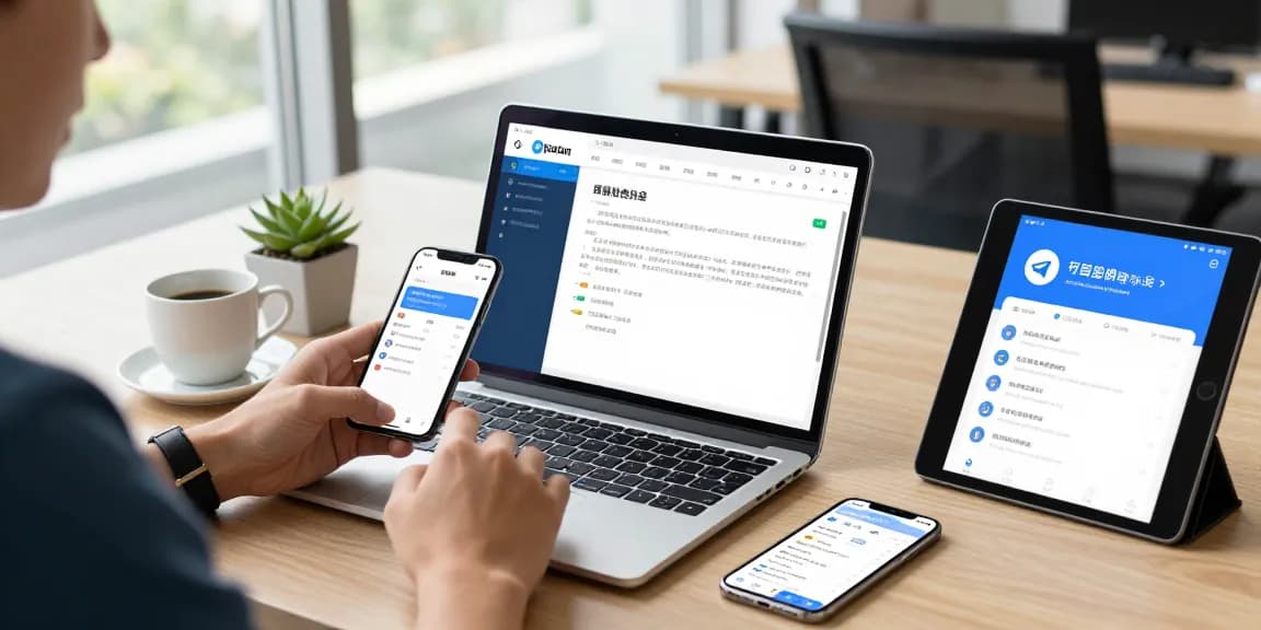 User engaging with telegram中文 interface on laptop and smartphone in a modern workspace.