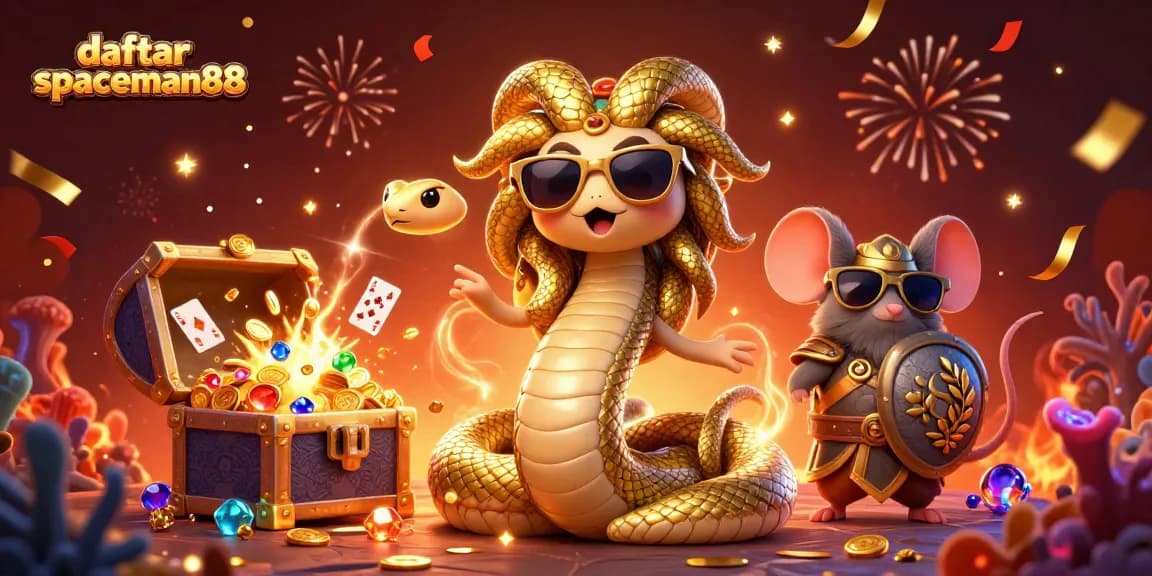 Engage with daftar spaceman88's thrilling games as Medusa and a warrior celebrate in an exciting casino scene.
