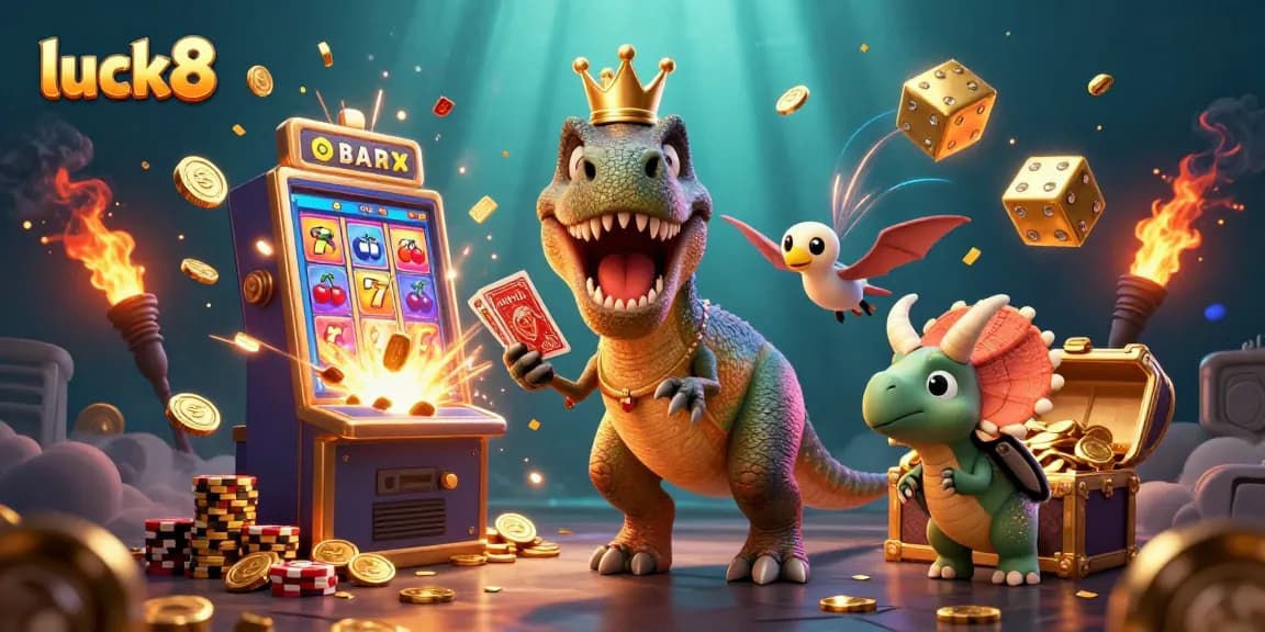 Experience jackpot thrills with luck8 as T-Rex deals cards amidst dazzling casino excitement.
