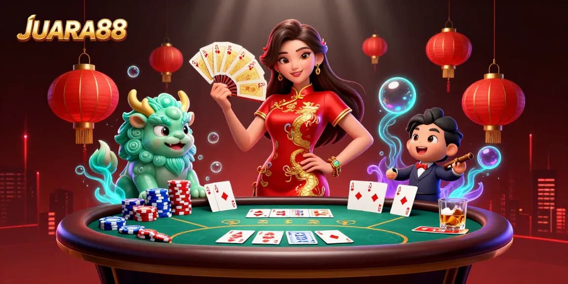 Engage with JUARA88 through an exquisite casino scene featuring poker, vibrant characters, and rich elements.