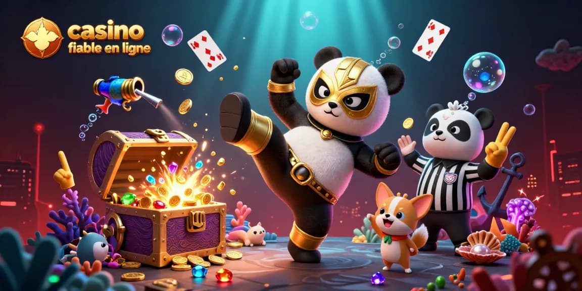 Engagez-vous avec casino fiable en ligne où un panda lutteur donne un coup de pied, et de petits fans applaudissent dans une scène vibrante.