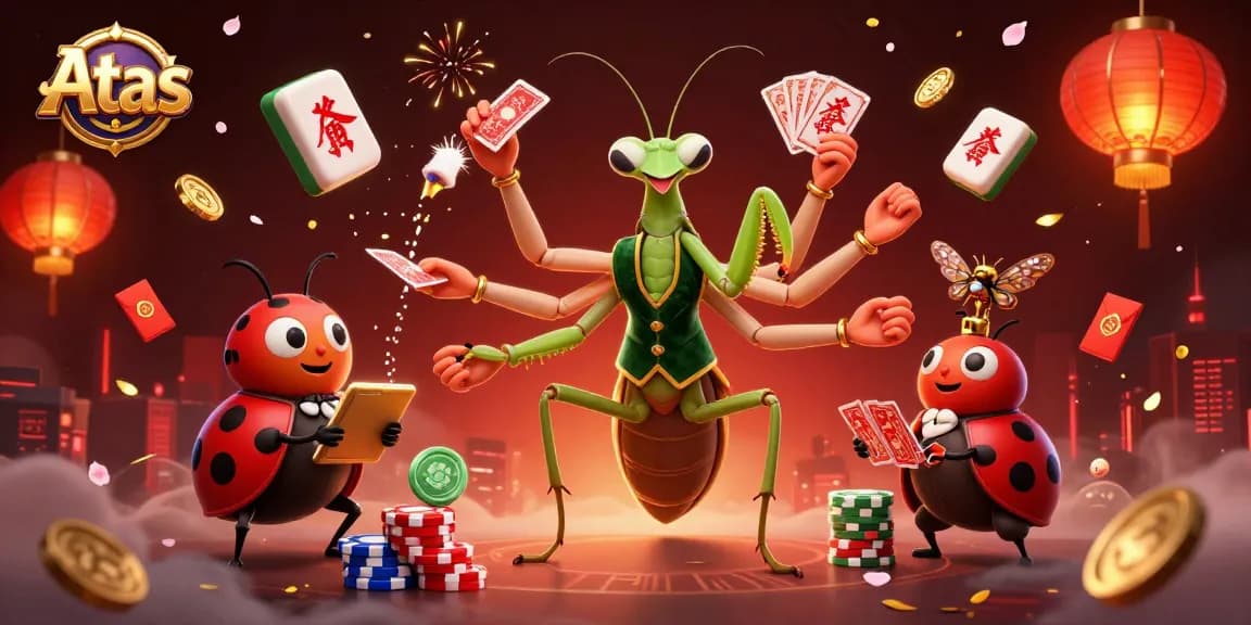 Experience Atas with a vibrant 3D casino scene featuring dynamic characters, games, and festive elements.