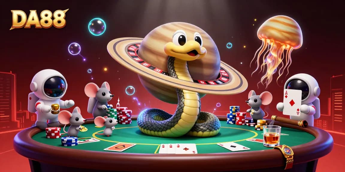 Experience DA88 with a vibrant scene of mouse astronauts wagering on a roulette wheel while cosmic elements engage players.