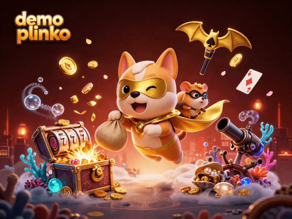 Join the fun with demo plinko as a superhero dog and sidekick hamster collect coins among vibrant casino elements.