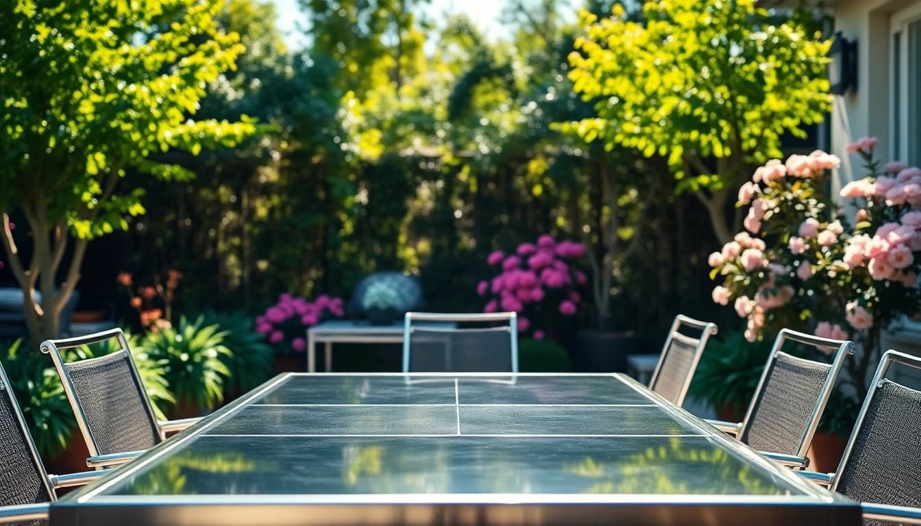 Stainless steel furniture elegantly arranged in a bright outdoor patio, enhancing natural beauty.