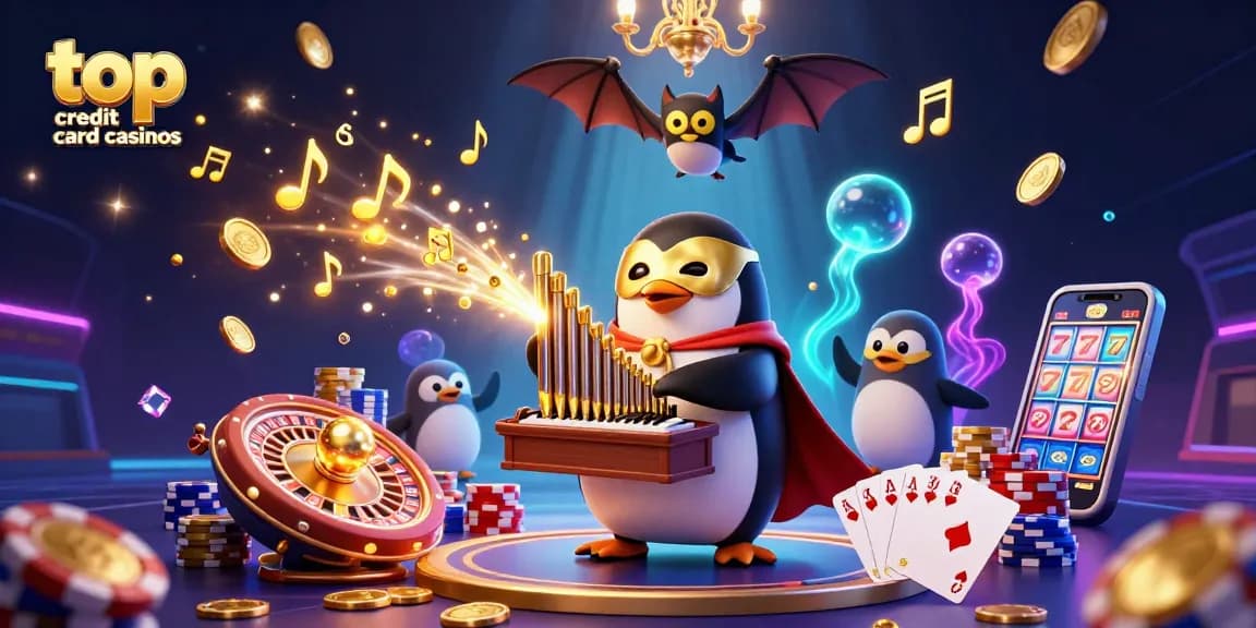 Experience the excitement at top credit card casinos with an animated penguin playing an organ, showering players with golden coins.