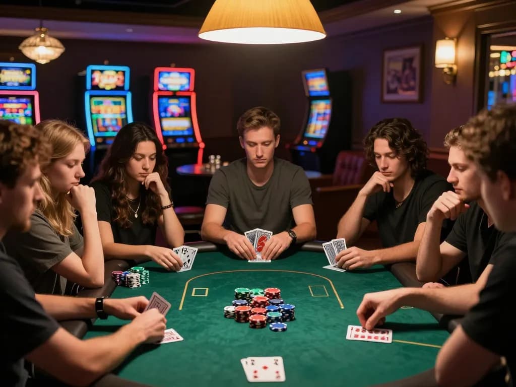 B52 players engaged in strategic poker game at upscale casino table, celebrating key decisions and camaraderie.
