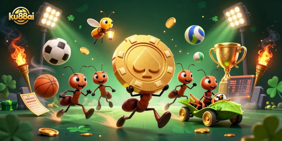 Experience the excitement of ku88ai with ants stealing a giant poker chip in a vivid casino heist scene.