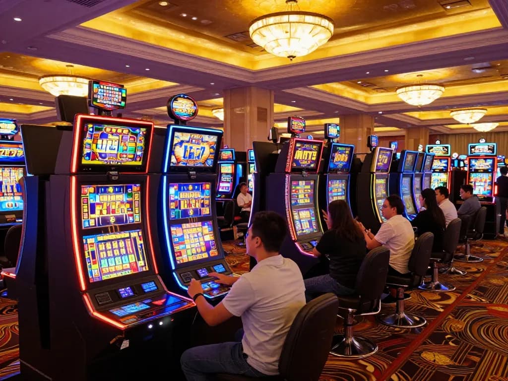 Players enjoying vibrant slot777 machines in a lively casino atmosphere