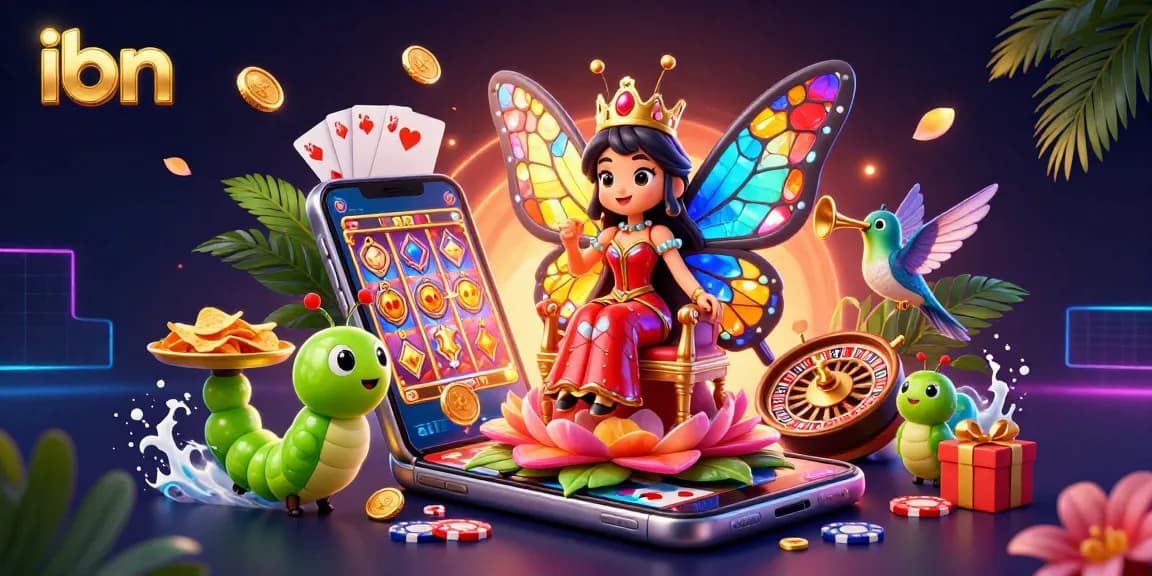 Experience the thrill of ibn online casinos with a vibrant scene featuring a butterfly queen and dynamic game elements.