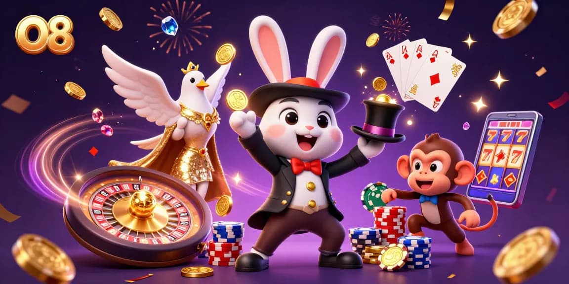 O8 offers exciting casino gameplay with a magician rabbit, dove, and monkey amidst sparkling coins and poker chips.