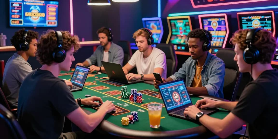 Exciting group playing at visa casinos in a modern vibrant environment.