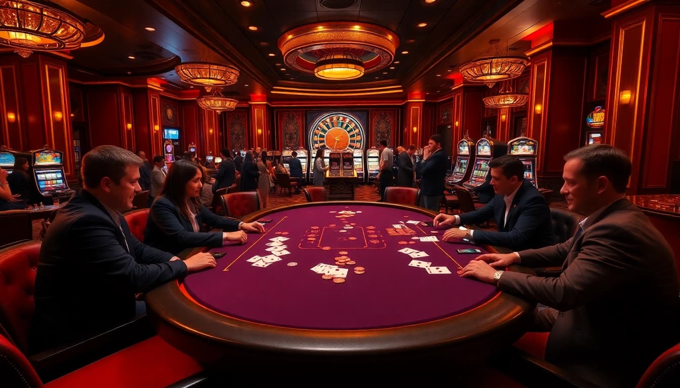 Players strategizing at a kpi4d poker table amidst an elegant casino setting.