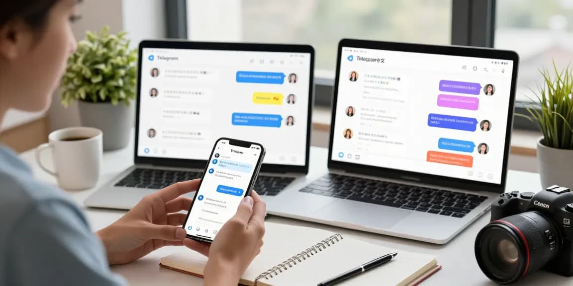 Engaging user exploring telegram中文 on devices in a modern workspace, showcasing a dynamic tech environment.