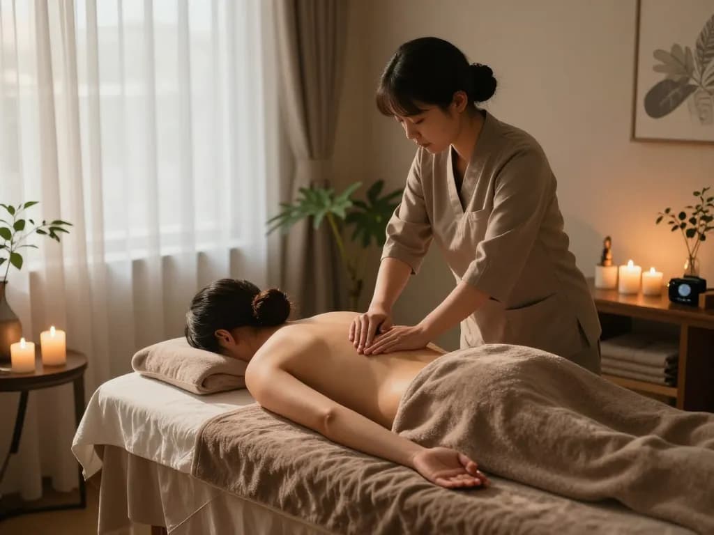 편안한 요소가 있는 평화로운 스파룸에서의 강남마사지 치료 세션.